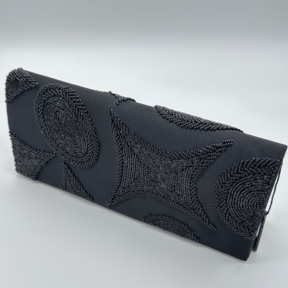 Bijoux Terner Black Satin Beaded convertible clutch, handle, shoulder straps.